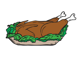 Turkey for Thanksgiving vector doodle clipart. Hand-drawn roasted turkey in lettuce leaves.