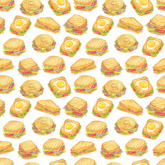 Seamless pattern with sandwiches on a white background. Sandwich watercolor illustration.