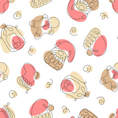 Seamless pattern from one line art Christmas elements. Christmas lantern, gingerbread man, gnome, Christmas hat and stocking. Ideal for wrapping paper, home decor, and textiles.