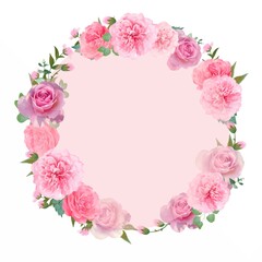 美しい色使いのピンクの薔薇の花と植物の白バックのリースフレームイラスト素材
