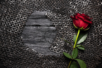 Blooming red rose flower on the chain mail background. Medieval concept flat lay background.