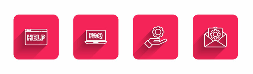 Set line Browser help, Laptop and FAQ, Settings in the hand and Envelope setting with long shadow. Red square button. Vector