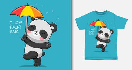 Cute panda in rainy days. with t-shirt design.