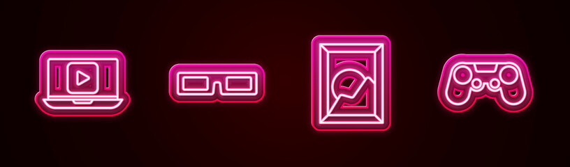 Set line Online play video, Cinema glasses, Picture landscape and Gamepad. Glowing neon icon. Vector