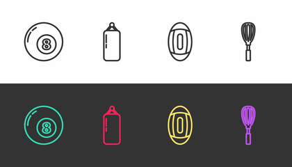 Set line Billiard pool snooker ball, Punching bag, American Football and Kitchen whisk on black and white. Vector