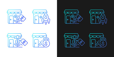 Startup fast growth gradient icons set for dark and light mode. Small business launch. Thin line contour symbols bundle. Isolated vector outline illustrations collection on black and white