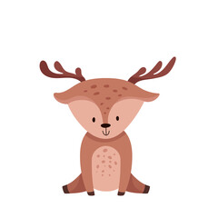 Deer character sitting and smiling. Cute and adorable wildlife animal design for children baby shower party. Scandinavian style Vector illustration in cartoon design.