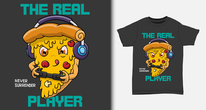 Pizza Gamer Character. With T Shirt Mock Up