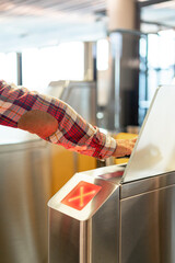 Close-up of a person accessing by code access control. Access denied