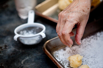 Cooking food. Hands of woman cooking fried cakes in the kitchen. Chef at restaurant cooking. High quality photo