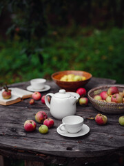 beautiful autumn still life in apple orchard, old table with cup, teapot, apples and book. Fall Getaway, Apple Picking anf Harvest Day Celebration concept
