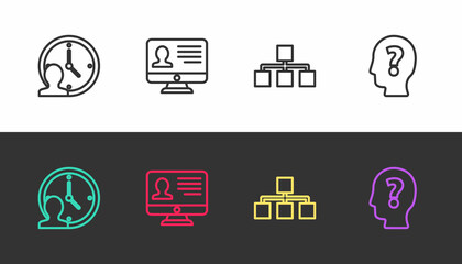 Set line Time Management, Monitor with resume, Hierarchy organogram chart and Head question mark on black and white. Vector