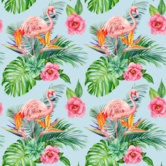 Tropical flowers, leaves and flamingos. Exotic flora, watercolor illustration seamless pattern, wallpaper