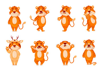 Collection of cartoon Chinese red striped tigers in different poses. Various emotions, symbol of 2022