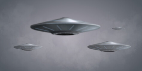 Naklejka na ściany i meble UFO spaceship with yellow light beam isolated on grey background. Vector illustration