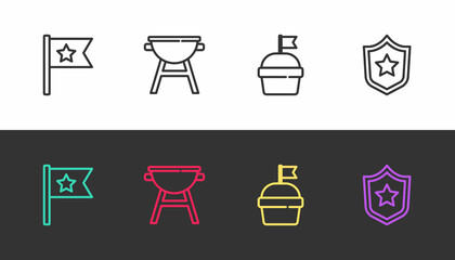 Set line American flag, Barbecue grill, Cake and Police badge on black and white. Vector