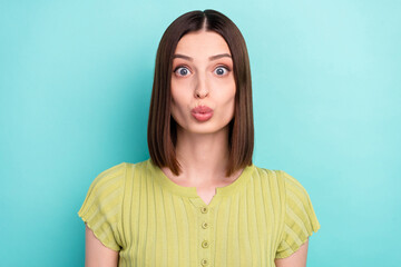 Fototapeta premium Photo of romantic girlfriend lady excited face send love air kiss wear green blouse isolated turquoise color background