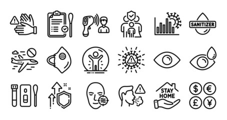 Stay home, Eye and Coronavirus line icons set. Secure shield and Money currency exchange. Dont touch, Cough and Medical mask icons. Problem skin, Cancel flight and Hand sanitizer signs. Vector