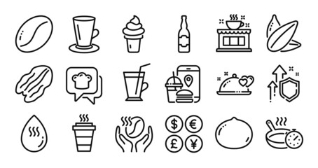 Takeaway, Romantic dinner and Coffee shop line icons set. Secure shield and Money currency exchange. Ice cream, Coffee beans and Frying pan icons. Hot water, Sunflower seed and Food app signs. Vector