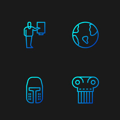 Set line Ancient column, Medieval iron helmet, Museum guide and Earth globe. Gradient color icons. Vector