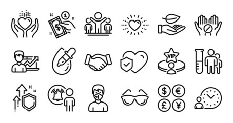 Handshake, Success business and Medical mask line icons set. Secure shield and Money currency exchange. Payment method, Eyeglasses and Medical analyzes icons. Vector