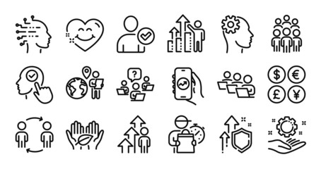 Fototapeta na wymiar Employee hand, Financial app and Select user line icons set. Secure shield and Money currency exchange. Employee results, Smile face and Delivery man icons. Vector