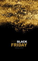 Black Friday vertical poster design with golden glitter