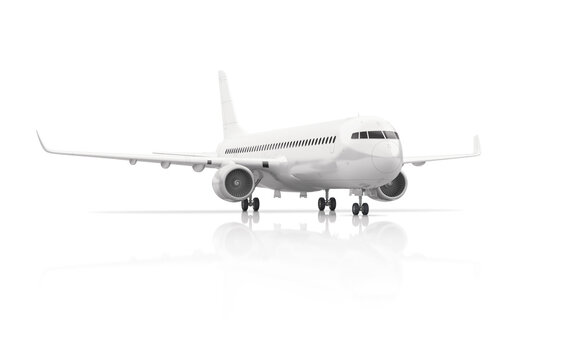 White passenger turbojet airplane, close up view. 3D render isolated on white background.