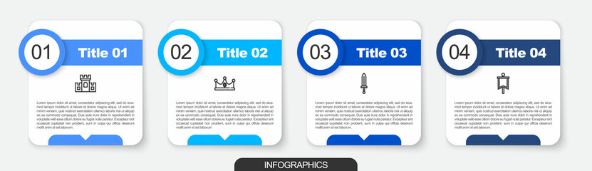Fototapeta premium Set line Castle, fortress, King crown, Medieval sword and flag. Business infographic template. Vector