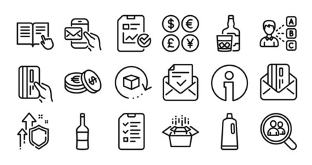 Messenger mail, Savings and Opinion line icons set. Secure shield and Money currency exchange. Shampoo, Wine and Packing boxes icons. Whiskey glass, Payment card and Return package signs. Vector