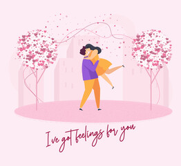 Heterosexual couple in love. Guy and a girl on date in the spring city park.