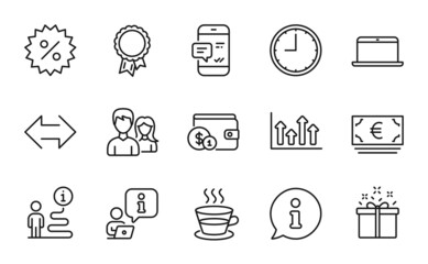 Line icons set. Included icon as Upper arrows, Time, Discount signs. Smartphone notification, Couple, Special offer symbols. Buying accessory, Laptop, Coffee cup. Success, Sync line icons. Vector