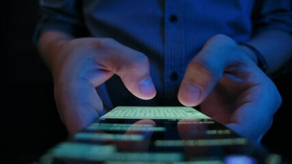 Young Adult Man Use Cell Phone for Write Send Message Close-up. Hold in Hand Mobilephone. Concept Mobile Tech 5g and People Sharing and Reading Sms Display. Successful Share Browsing Receive Push Iot