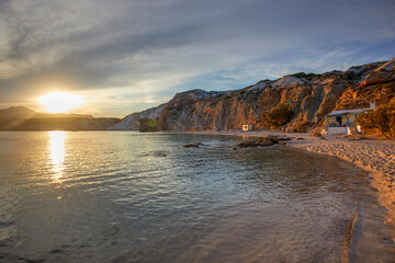 Fototapeta na wymiar Fyrinaka beach at sunset, Milos, Greece