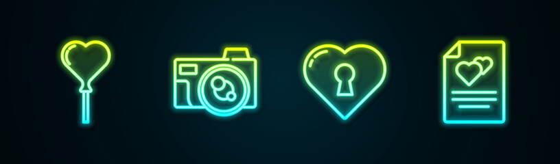 Set line Balloons in form of heart, Photo camera, Heart with keyhole and Greeting card. Glowing neon icon. Vector