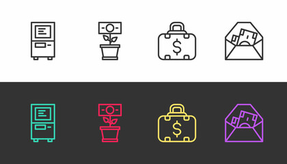 Set line ATM, Money plant in the pot, Briefcase and money and Envelope with dollar symbol on black and white. Vector