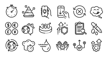 360 degrees, Scroll down and Seo gear line icons set. Secure shield and Money currency exchange. Timer, Correct way and Search analysis icons. Vector