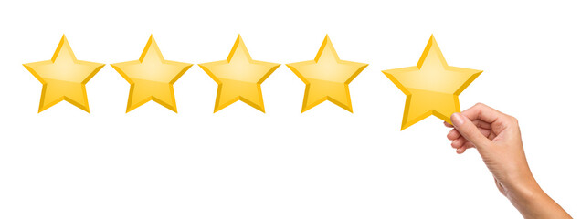 Female hand holding gold star. Positive feedback.