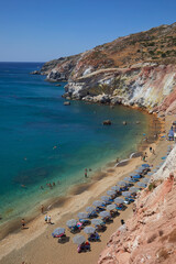 Fototapeta premium Elevated view of the golden Paliochori beach, Milos, Greece