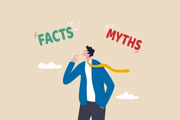 Foto op Aluminium Myths vs Facts, true or false information, fake news or fictional, reality versus mythology knowledge concept, confused and doubtful businessman thinking with curiosity compare between facts or myths. © Nuthawut