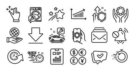 Mute sound, Approved and Move gesture line icons set. Secure shield and Money currency exchange. Washing machine, Mail and Chart icons. Employee hand, Report document and Quick tips signs. Vector