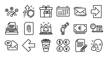 Online test, New mail and Delivery boxes line icons set. Secure shield and Money currency exchange. Euro currency, Correct answer and Messenger mail icons. Vector