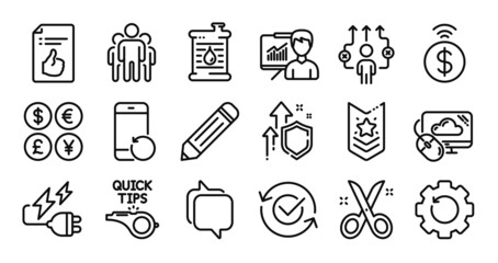 Pencil, Approved and Recovery phone line icons set. Secure shield and Money currency exchange. Messenger, Shoulder strap and Electricity plug icons. Vector