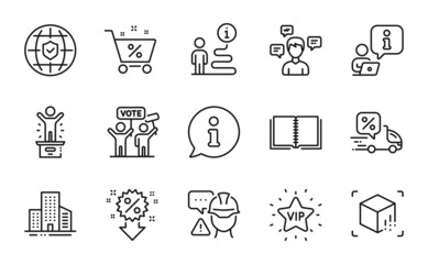 Business icons set. Included icon as Buildings, Winner podium, Augmented reality signs. Builder warning, Vip star, Loan percent symbols. Voting campaign, Conversation messages, Discount. Vector