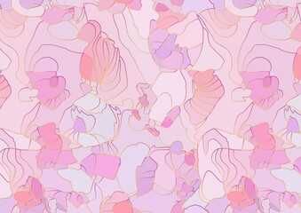 Vector Surface Pattern, inspired by Blooming Sakura, Crystals, Roses, Quartz Pearl Gems. Purple and Pink Waved Forms Background with Shiny Gold Lines Gradients for St. Valentine's Day Decoration etc. 