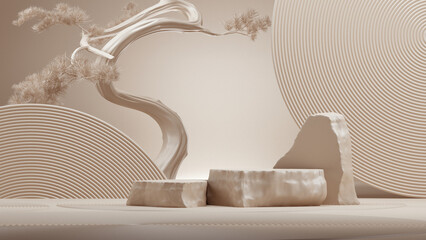 japanese style minimal abstract cosmetic background. podium and bonsai tree with brown background for product presentation. 3d rendering illustration.