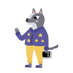 Gray cartoon wolf in pajamas with a book in his hands.