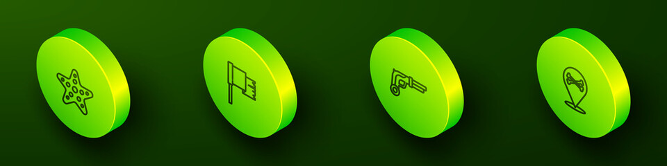 Set Isometric line Starfish, Pirate flag, Vintage pistols and Location pirate icon. Vector