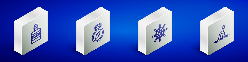 Set Isometric line Alcohol drink Rum, Compass, Ship steering wheel and Bottle with message water icon. Vector