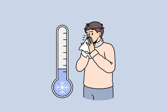 Unhealthy Man Blow Running Nose Suffer From Cold Or Fever Due To Cold Winter Outside Temperature. Unwell Sick Male Struggle With Seasonal Influenza Or Covid-19. Healthcare. Vector Illustration. 